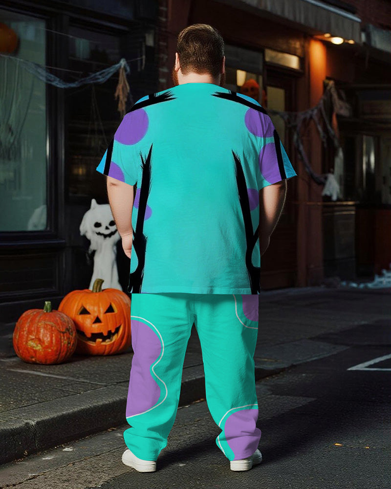 Big & Tall Men's Halloween Blue Poll Dot Belly Graffiti Cosplay Printed T-Shirt Trousers Suit