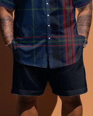 Big Build Men Classic England Plaid Short Sleeve Shirt Shorts Set