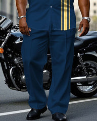 Men's Plus Size Fashion Blue & Yellow Simple Short Sleeve Shirt Pants Suit