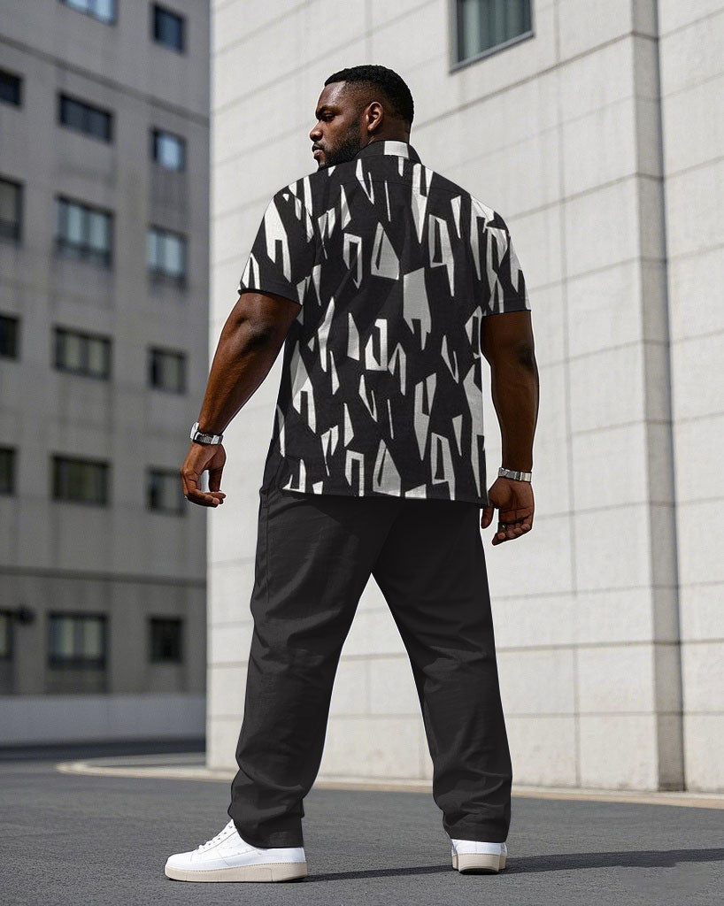 Men's Plus Size Business Casual Charcoal Black Geometric Pattern Short Sleeve Shirt Trousers Suit