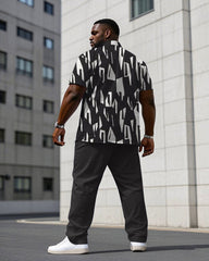 Men's Plus Size Business Casual Charcoal Black Geometric Pattern Short Sleeve Shirt Trousers Suit