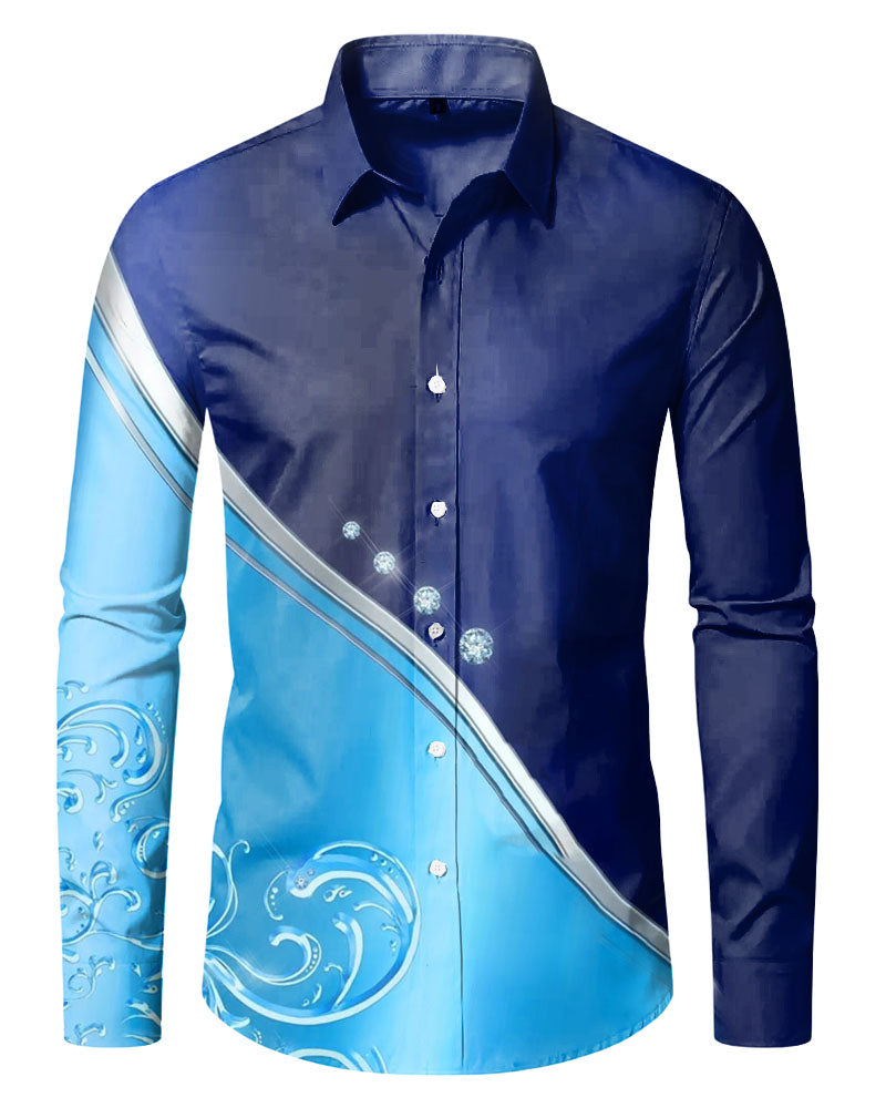 Men's Fashion CasualRhinestone Gradient Color Block Print Long Sleeve Shirt
