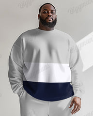 Men's Blue And Grey Colorblock Printed Plus Size Round Neck Sweatshirt Suit