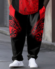 Men's Plus Size Red And Black Color Block Dragon Totem Print T-shirt Trousers Suit