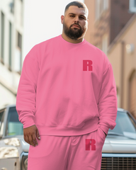 Men's Plus Size Simple All-Match Same Color Pink Sweatshirt Two-Piece Set