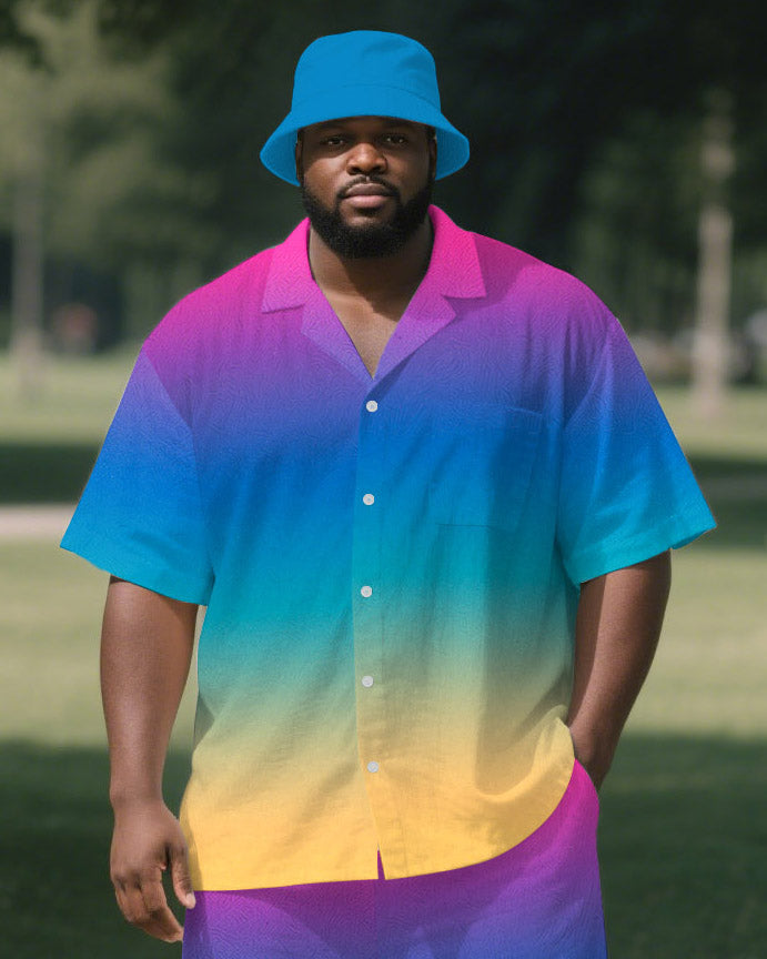 Big Guy's Simple Colorful Gradient Style Outdoor Button-up Short-Sleeve Shirt Pants Sets