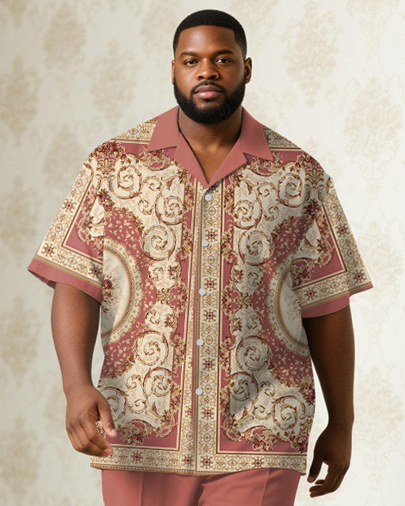 Big & Tall Men's Business Pink Luxury Pattern Printed Short Sleeve Shirt Pants Suit