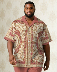 Big & Tall Men's Business Pink Luxury Pattern Printed Short Sleeve Shirt Pants Suit