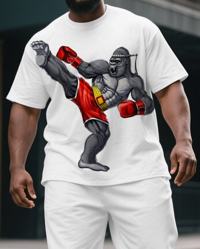 Big & Tall Men's Summer Boxing Gorillas Athletic Print Casual Short-Sleeved T-shirt and Short Set