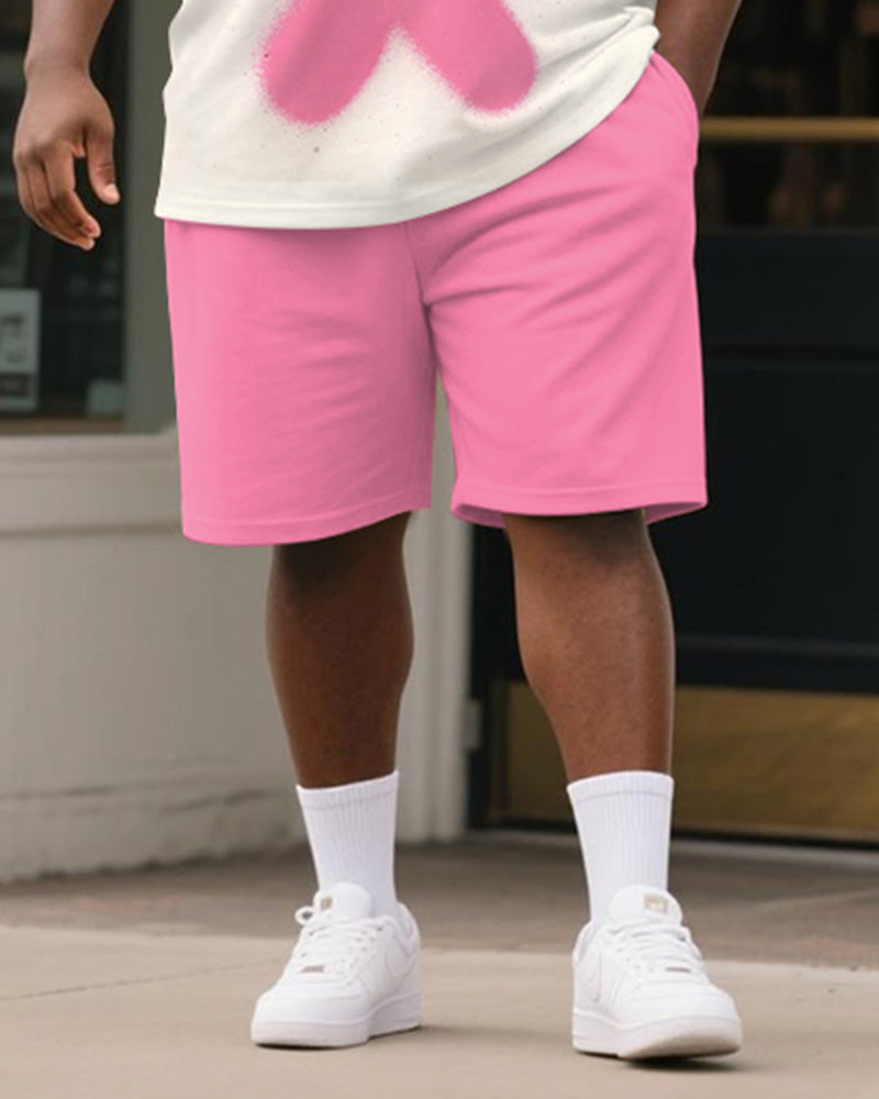 Big & Tall Men's Pink Rabbit Graffiti Print Round Neck Short Sleeve T-Shirt Shorts Suit