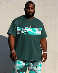 Men's Plus Size Green Camouflage Stitching Design Short Sleeve T-Shirt Trousers Suit