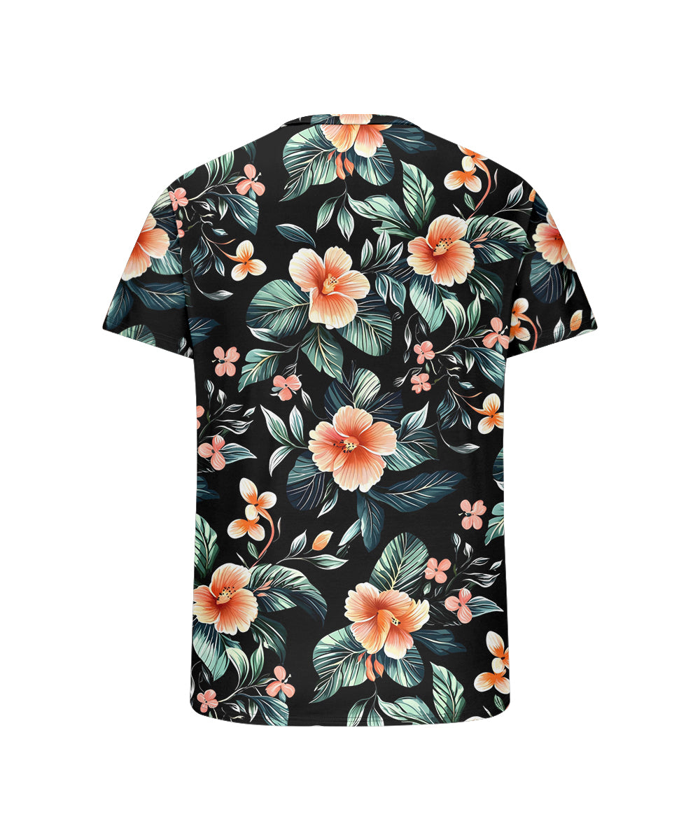 Men's Plus Size Hawaiian Leaf Floral Print Henry Collar Button Short Sleeve Tee