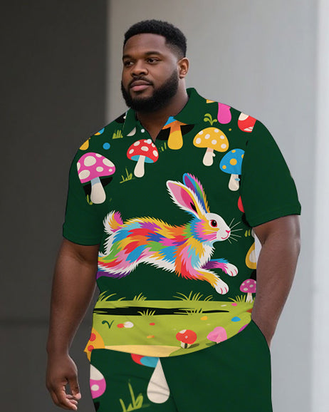 Big Man's Animal World Funny Rabbit Printed Casual Short-Sleeve Polo Shirt & Shorts Set