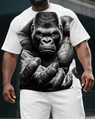 Big & Tall Men's Cartoon Kongfu Gorillas Print Casual Short-Sleeved T-shirt and Short Set