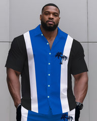 Big & Tall Men's Daily Leisure. Match 3 Color Striped Color. Micro Print Shirt Shorts Suit