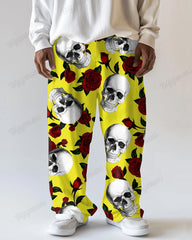 Rose Skull Print Men's Loose Plus Size Straight Long Sweat Pants