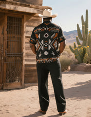 Big & Tall Men's Western Wind Diamond Sawtooth, Triangle Thunder Cloud, Arrow Feather Radiographic Print Short Sleeve Shirt And Pants Suit