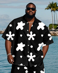 Men's Plus Size Hawaiian Black And White Geometric Print Shirt Shorts Suit