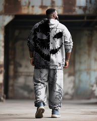 Big & Tall Men's Halloween Black Grey Skull Expression Contrast Stitch Print Hoodie Suit