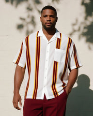 Big & Tall Men's Business Red Stripe Print Pocket Short Sleeve Shirt Trousers Suit