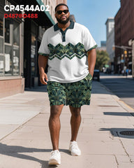 Big & Tall Men's Business Green Colorblock Geometric Print Short Sleeve Polo Shirt Shorts Suit