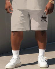 Men's Plus Size Casual Simple King Letter Print Pocket Short Sleeve Shirt Shorts Suit