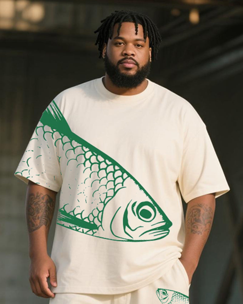 Big & Tall Men's Vintage Japanese Painting Fish Print Round Neck Short Sleeve T-Shirt Shorts Suit