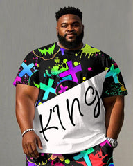 Men's Plus Size Street Graffiti King Print Short Sleeve T-Shirt Shorts Suit