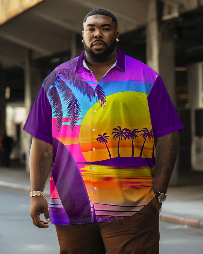 Bright Coconut Tree Print Men's Big & Tall Hawaiian Shirt