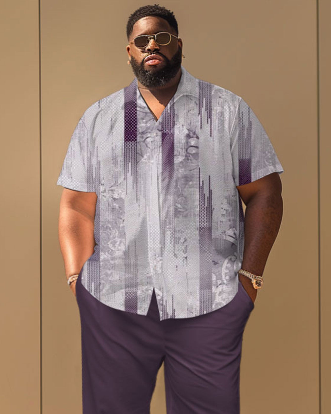 Casual Texture Print Short Sleeve Shirt Trousers Suit Men's Plus Size