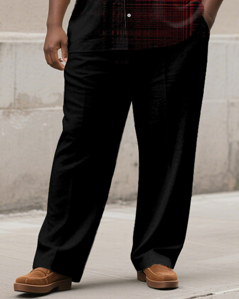 Men's Plus Size Black And Red Check Line Print Short Sleeve Shirt Trousers Suit