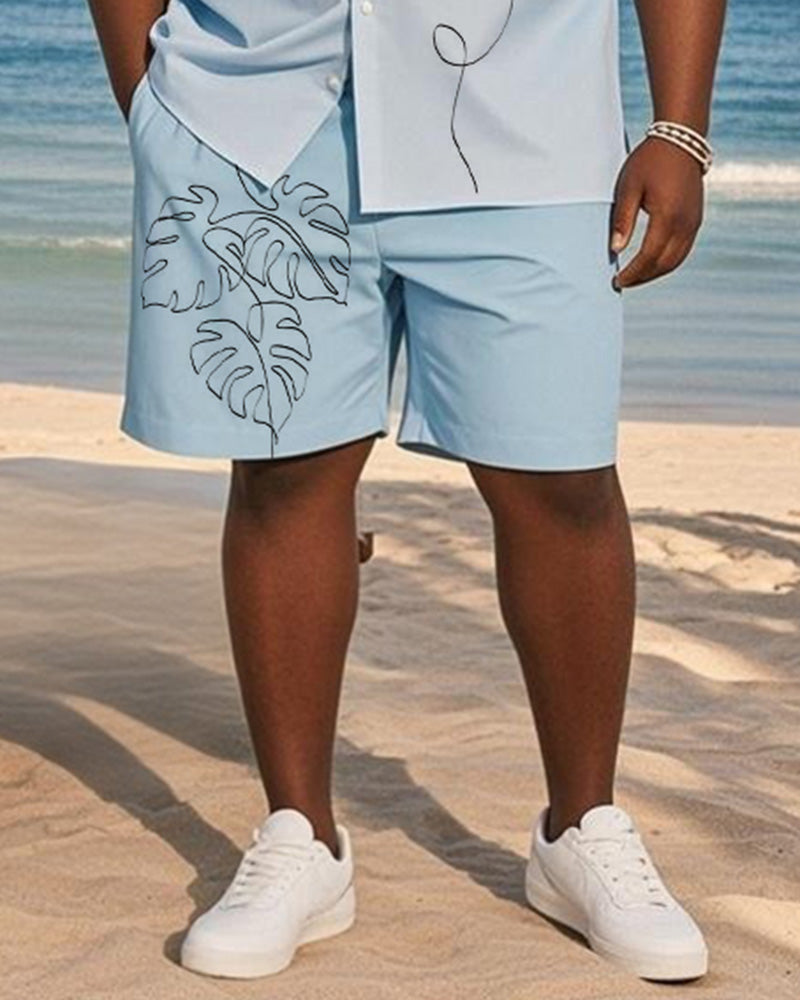 Big & Tall Men's Hawaiian Vacation Blue Gradient Line Leaf Print Shirt Shorts Suit