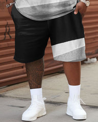 Men's Large Size Black and Gray Patchwork T-shirt & Shorts Two-piece Set