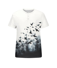 Men's Plus Size Daily Casual Gradient Forest Bird Print Henley Collar Button Short Sleeve T-Shirt