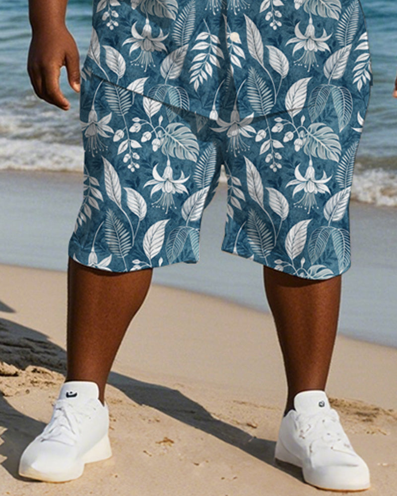 Men's Plus Size Hawaiian Hand Painted Blue Gesang Flower Leaf Print Shirt Shorts Suit