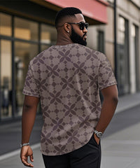 Men's Plus Size Daily Casual Brown Diamond Geometric Print Henley Collar Button Short Sleeve Tee