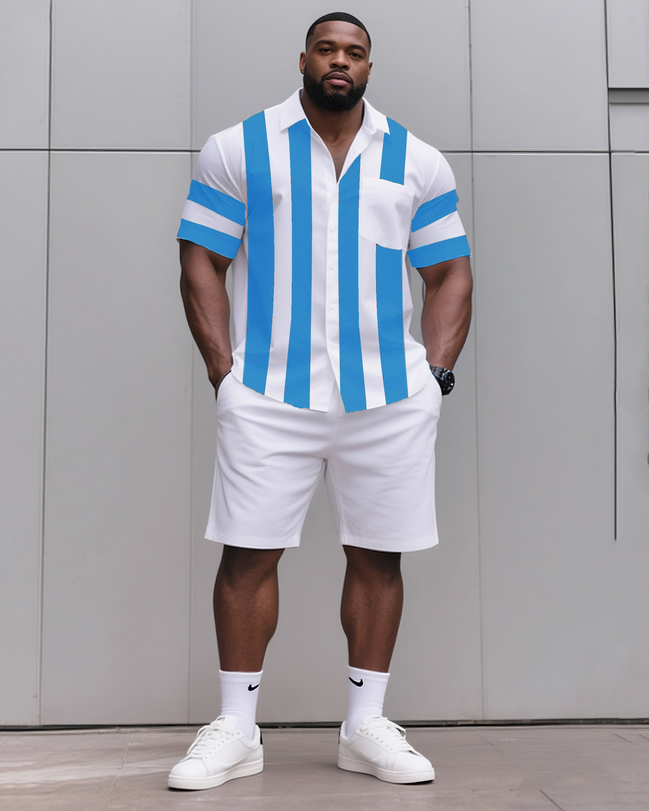 Big & Tall Men's Daily Casual Black & Grey & Wine Red & Fluorescent Green & Blue & Dark Blue. Big Striped Shirt Shorts Suit