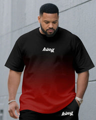 Men's Plus Size Black & Red Chest King Small Label Printed Round Neck Short Sleeve T-Shirt Shorts Suit