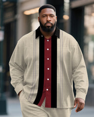 Big & Tall Men's Business Khachi Striped Print Bamboo Hemp Texture Long Sleeve Shirt Trousers Suit