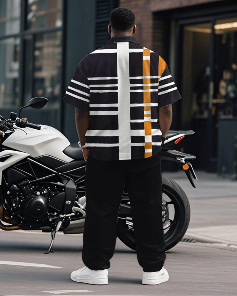 Men's Plus Size Simple Black And White Orange Color Matching Striped Printed Short Sleeve Shirt Trousers Suit