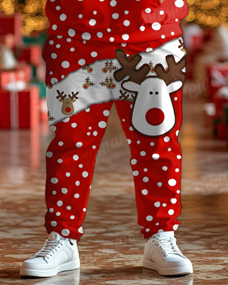 Big and Tall Men's Christmas Red Elk Dot Print Hoodie Set