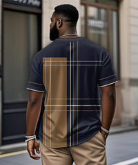 Men's Plus Size Blue Khaki Colorblock Geometric Print Henry Collar Button Short Sleeve Tee
