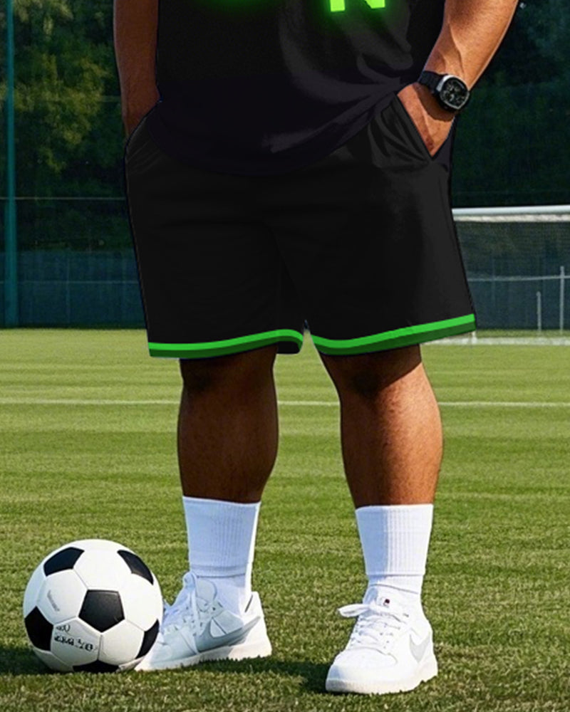 Big Men's Simple Football WIN Printed Casual Round Neck Basketball Vest and Shorts Set