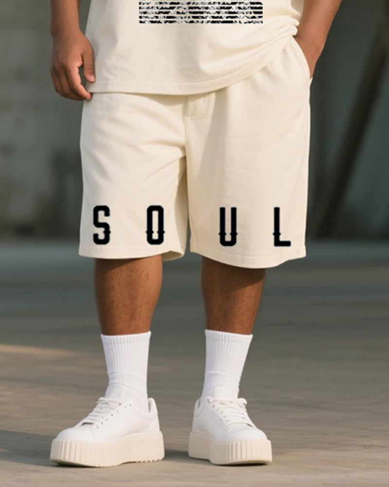 Big & Tall Men's Vintage Painting SOUL 07 Floral Print Round Neck Short Sleeve T-Shirt Shorts Suit