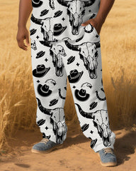Big Men's Cowboy Style Cartoon Cow & Hat Printed Outdoor Short-Sleeve Shirt Pants 2-piece Sets