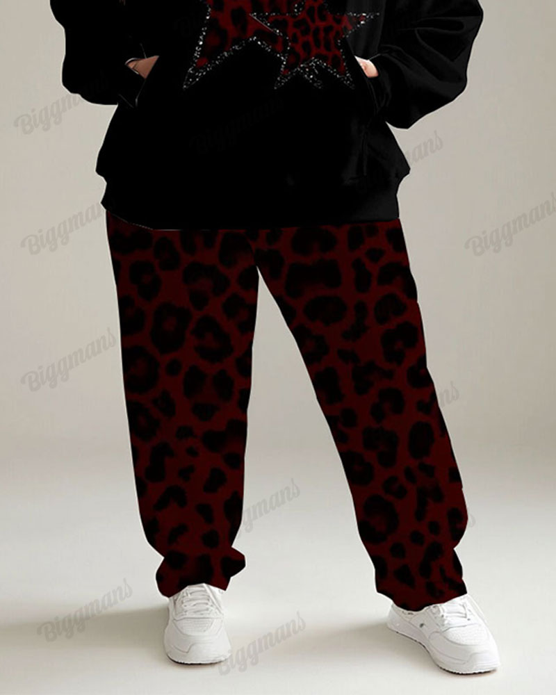 Women's Street Fashion Vintage Leopard Star Print Plus Size Hoodie Suit