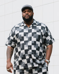 Big Man's Daily Leisure Outdoor Activities Black And White Gray Creative Checkered Camouflage Short Sleeve Shirt Shorts Suit