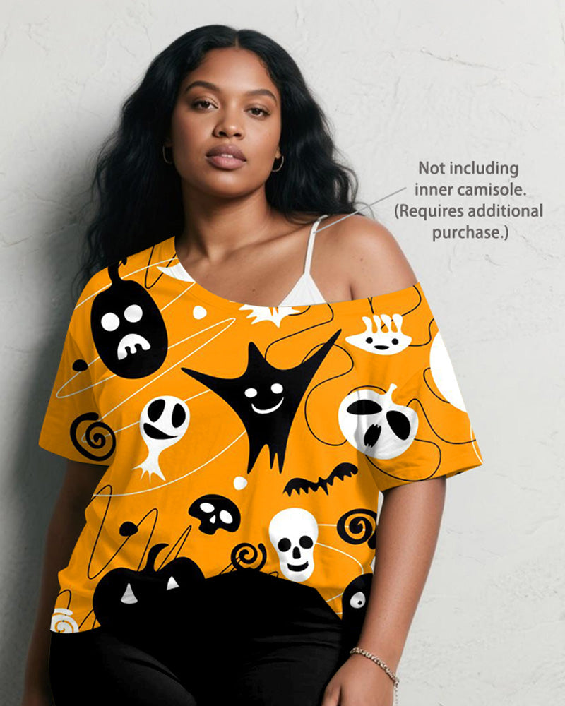 Women's Big & Tall Halloween Pumpkin Ghost Graffiti Print Short Sleeve Shorts Suit