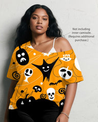 Women's Big & Tall Halloween Pumpkin Ghost Graffiti Print Short Sleeve Shorts Suit