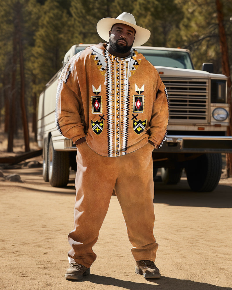 Men's  Plus Size Ethnic Style Diamond Brown Hoodie Two Piece Set